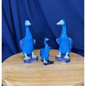 Vintage Chinese Export Turquoise Porcelain Duck Family of 3 Figurines Blue Geese